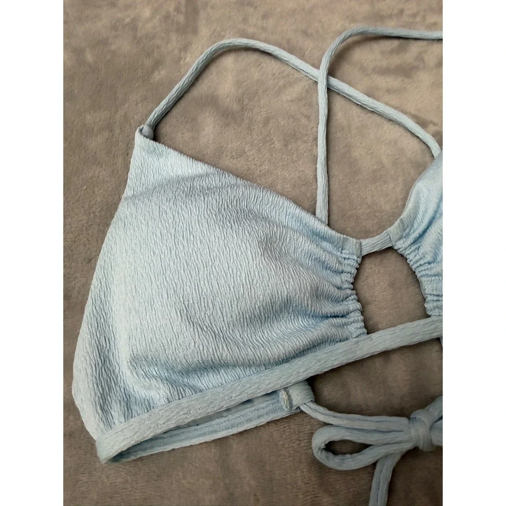 NWT Volcom Bikini Top Women Blue Pucker Up X Back Halter L $50